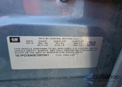 2012 Chevrolet Cruze Ls z USA, uszkodzony, nr VIN 1G1PC5SH9C7287901